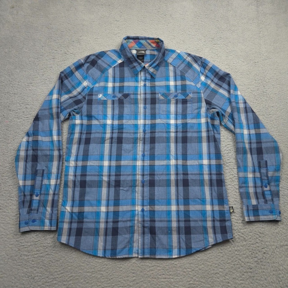 The North Face Plaid Button Up Shirt‎ Mens L Blue Outdoor Hiking Polyester